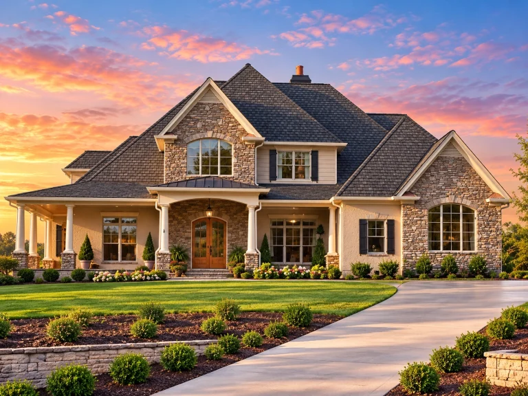 Front elevation of a French Country style house featuring natural stone exterior, steep gabled roof, arched windows, and covered porch entry