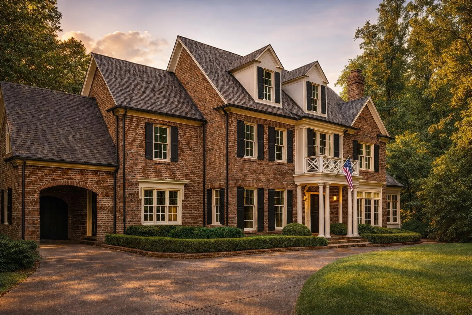 Front elevation of Colonial Revival brick home with symmetrical façade, dormer windows, shutters, and traditional entry porch