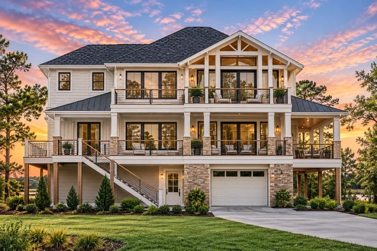 Front exterior of a Coastal Low Country style home with elevated foundation, horizontal siding, wide porches, balcony railings, and classic coastal architecture