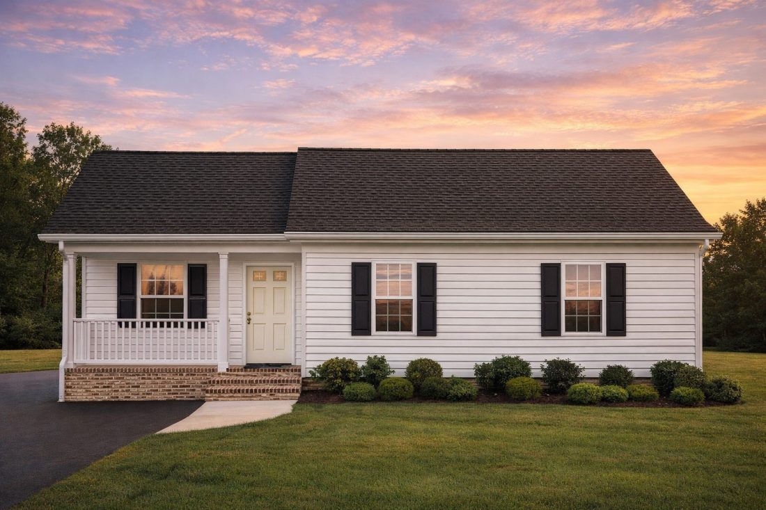 Front elevation of a Traditional Ranch style home featuring horizontal siding, stone water table, simple roofline, and covered porch