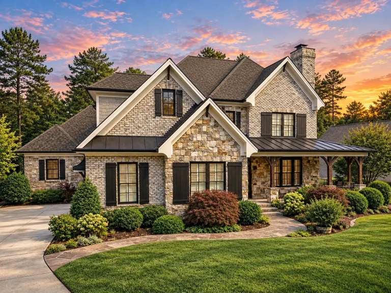 Front elevation of New American style home with brick and stone exterior, steep gabled rooflines, metal porch roof, and Craftsman-European detailing