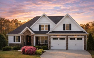 Front elevation of a New American Craftsman style home featuring brick and siding exterior, gabled rooflines, covered porch, and two-car garage