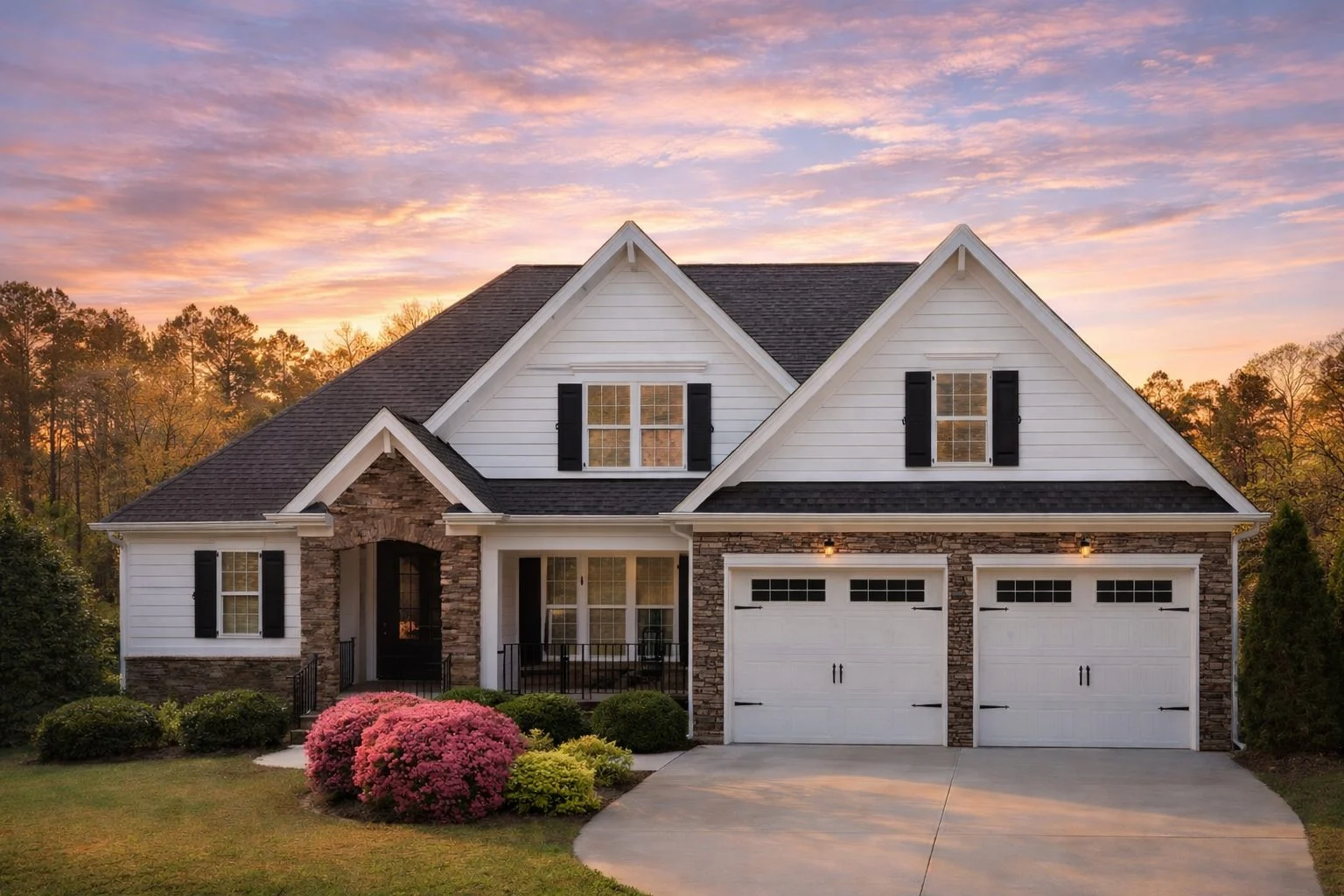 Front elevation of a New American Craftsman style home featuring brick and siding exterior, gabled rooflines, covered porch, and two-car garage