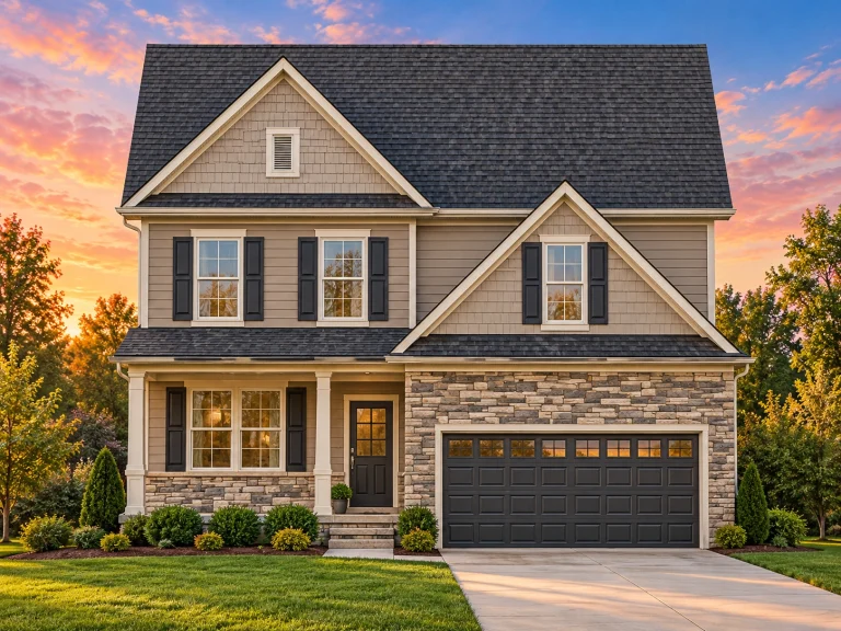 Cottage House Plans 7 Front elevation of New American Traditional house with horizontal lap siding, stone veneer, gabled roof, and two-car garage