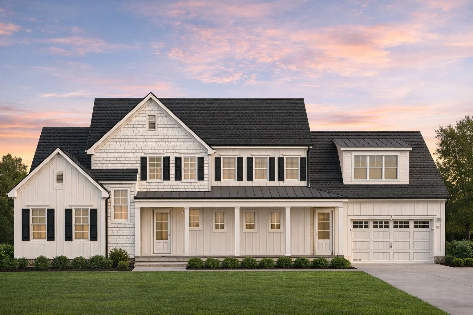 Front elevation of a New American modern traditional house featuring stone veneer, horizontal siding, board and batten accents, covered porch, and attached garage