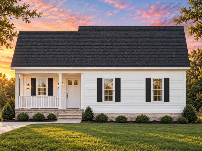 Tudor House Plans 6 Front elevation of a Traditional Ranch style home featuring horizontal siding, stone water table, simple roofline, and covered porch