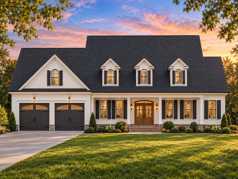 House Plans with Rear Entry Garage 24 Front elevation of Cape Cod style home with white clapboard siding, three dormers, gable roof, and attached two-car garage