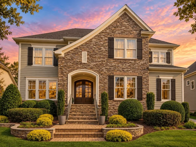Tudor House Plans 19 Front elevation of a New American modern traditional house featuring stone veneer, horizontal siding, symmetrical windows, and an arched entry porch