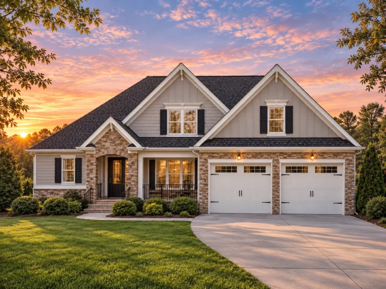 Front elevation of a New American Craftsman style home featuring brick and siding exterior, gabled rooflines, covered porch, and two-car garage