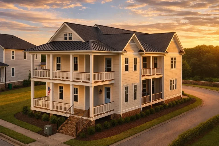 Front and side view of a Low Country Coastal style home featuring wraparound porches, elevated foundation, light siding, and standing seam metal roof