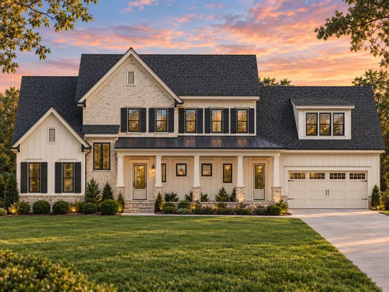Front elevation of a New American modern traditional house featuring stone veneer, horizontal siding, board and batten accents, covered porch, and attached garage