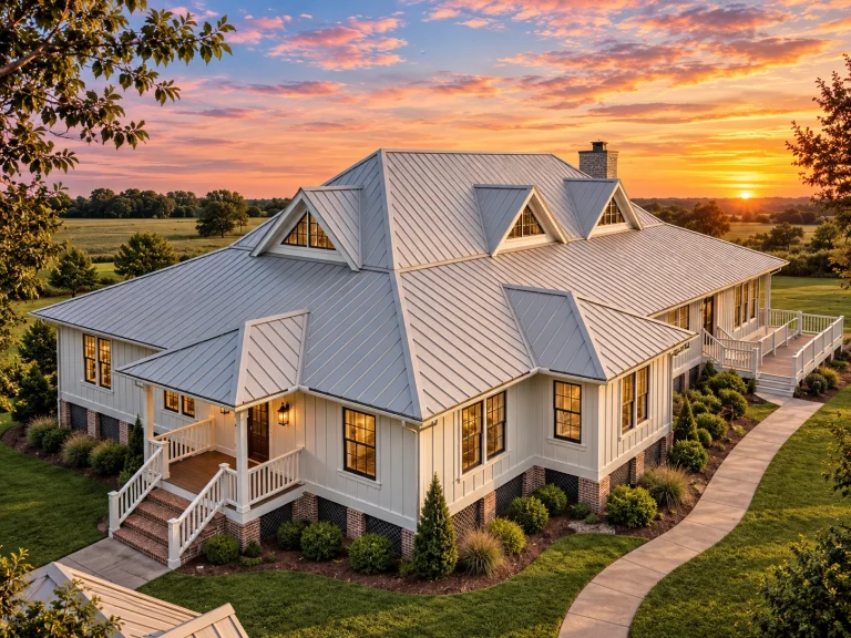 Front exterior of Modern Southern Farmhouse with white board and batten siding, standing seam metal roof, dormers, and wraparound porch at sunset