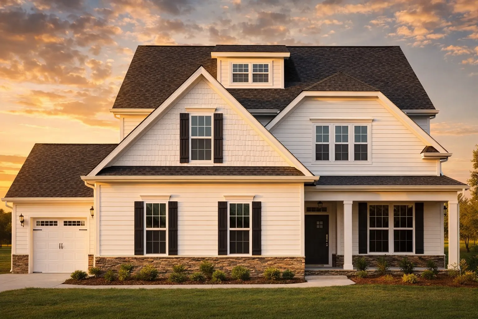 Front exterior of a New American Colonial Revival home with blue lap siding, white trim, symmetrical windows, and covered front porch