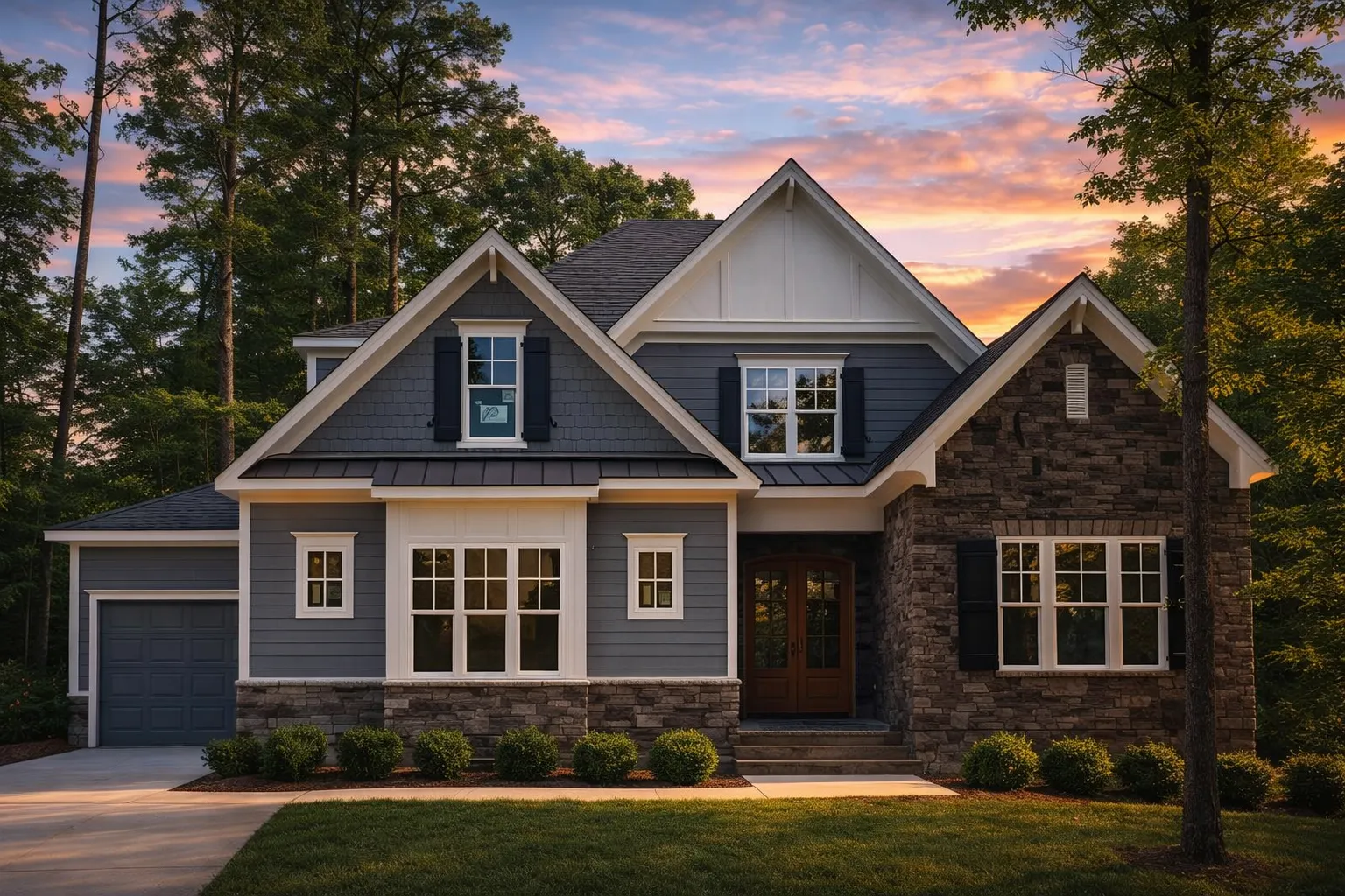 Front elevation of a New American style home with lap siding, board-and-batten details, stone accents, and a welcoming covered entry