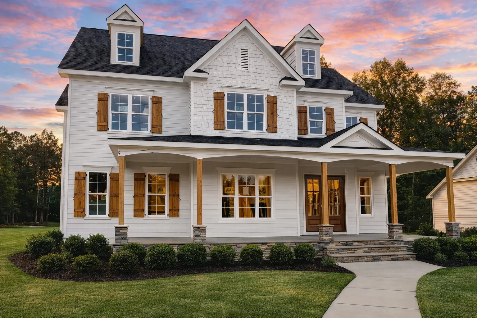 Front elevation of a New American Coastal Traditional house featuring lap siding, stone foundation accents, shutters, and a full-width covered porch