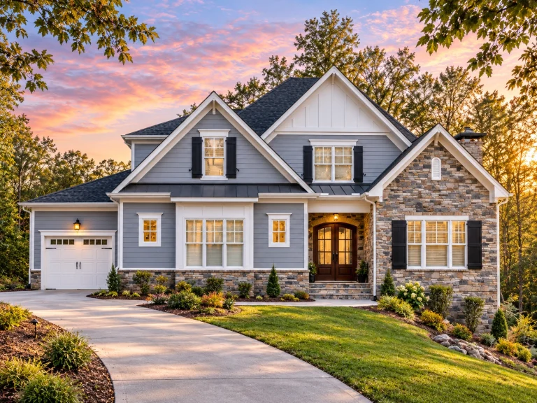 Front elevation of a New American style home with lap siding, board-and-batten details, stone accents, and a welcoming covered entry