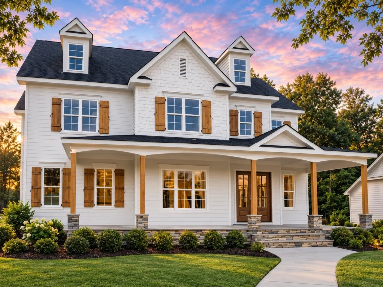 Top Designer-Approved House Plans 14 Front elevation of a New American Coastal Traditional house featuring lap siding, stone foundation accents, shutters, and a full-width covered porch