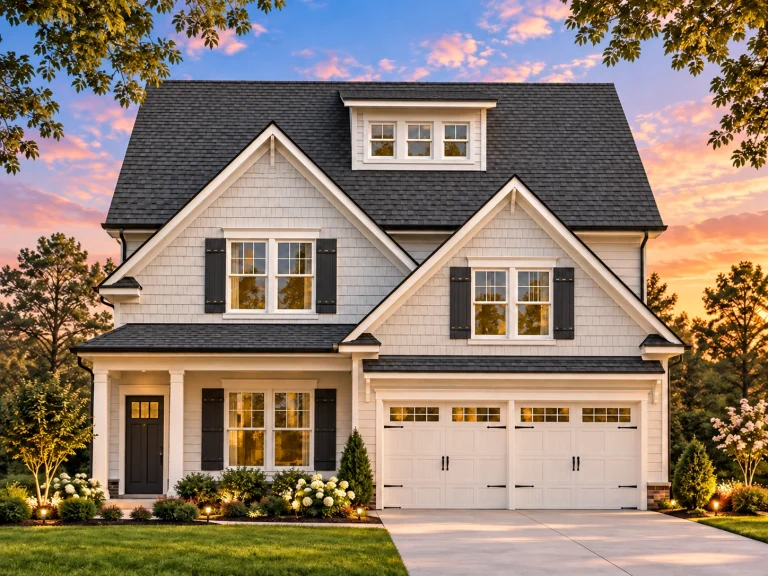 Front elevation of a Modern Farmhouse style home featuring white siding, dark shutters, shingle accents, and stone wainscoting with a two-car garage