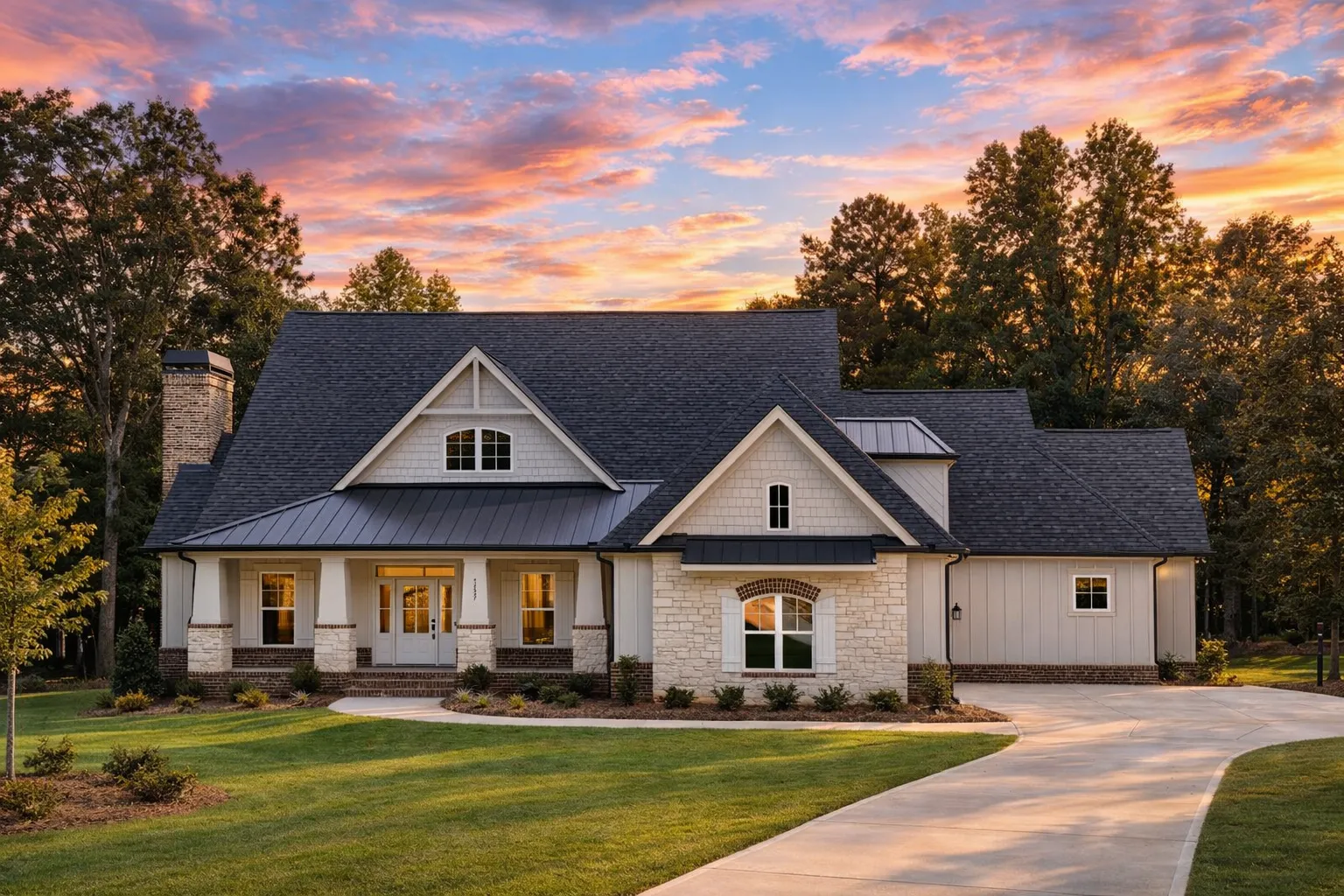 Front elevation of a modern farmhouse style home featuring white board and batten siding, stone accents, gabled rooflines, and an attached two-car garage
