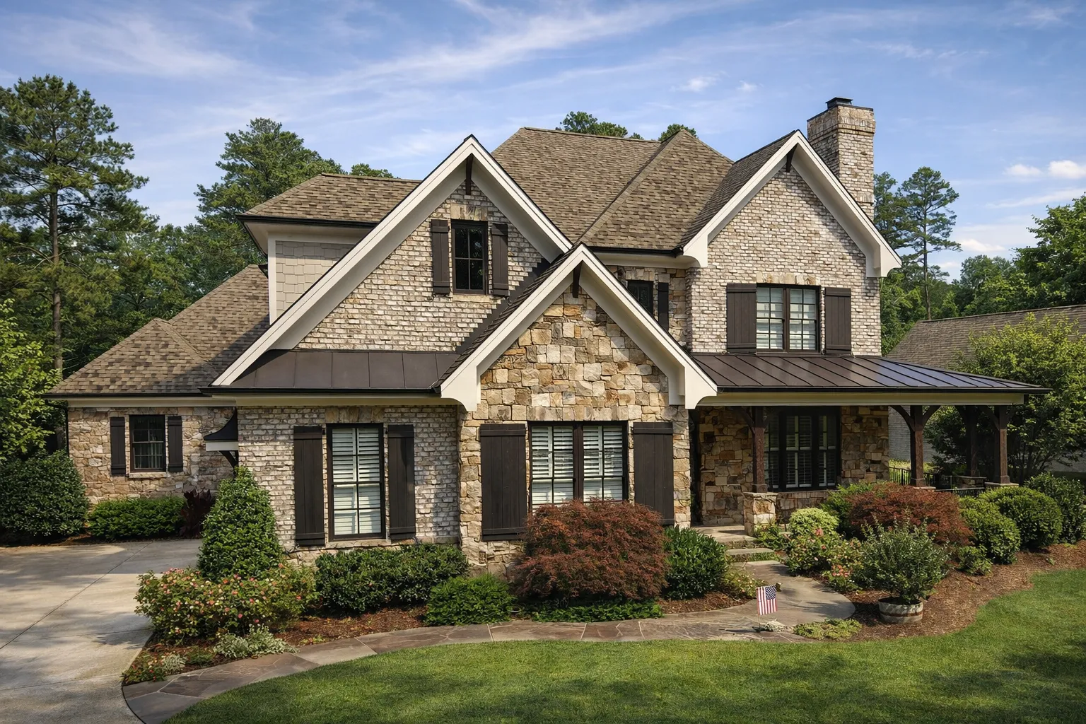 Front elevation of New American style home with brick and stone exterior, steep gabled rooflines, metal porch roof, and Craftsman-European detailing