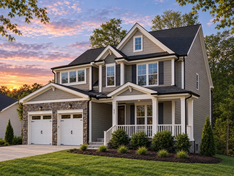 Front exterior view of a Traditional Colonial New American style home with lap siding, stone accents, gabled rooflines, and covered front porch