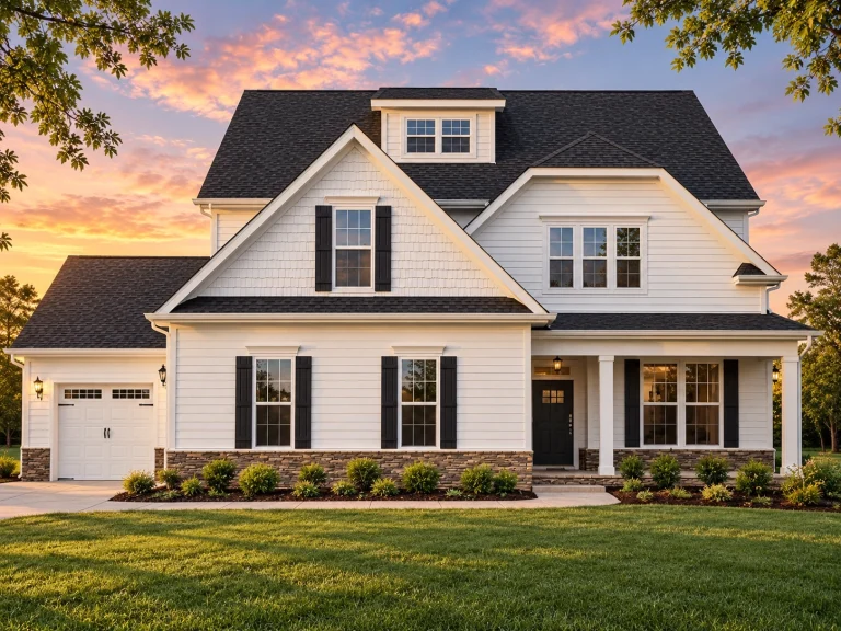 Conventional House Plans 13 Front exterior of a New American Colonial Revival home with blue lap siding, white trim, symmetrical windows, and covered front porch