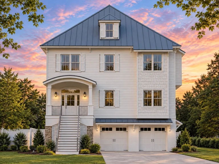Front elevation of a Coastal Colonial style home featuring symmetrical architecture, lap siding, shingle accents, stone base, and raised entry with garage below