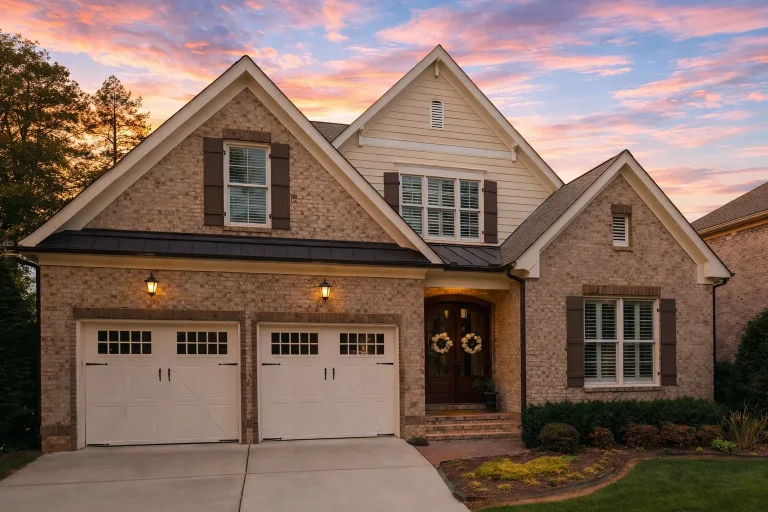 Elegant New American Brick Home Exterior with Classic Gables