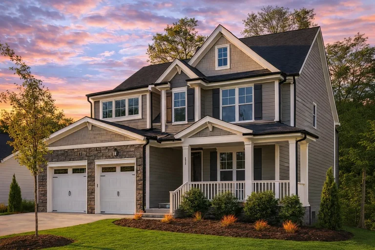 Front exterior view of a Traditional Colonial New American style home with lap siding, stone accents, gabled rooflines, and covered front porch