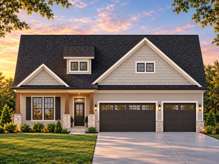 Simple House Plans 15 Front view of Modern Farmhouse style home with white horizontal siding, black roof, and brick porch columns highlighting a three-car garage design.