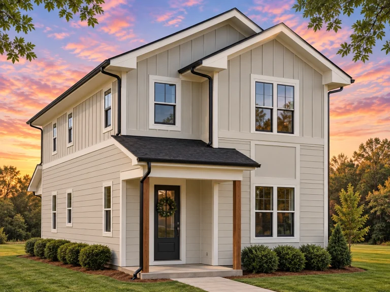 Triplex House Plans 15 Front exterior of a Modern Farmhouse style two-story home with white board and batten siding, black windows, and a covered entry porch