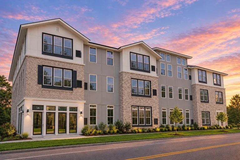 Front view of a modern urban apartment complex featuring a mix of brick and horizontal siding with large windows and clean, contemporary lines