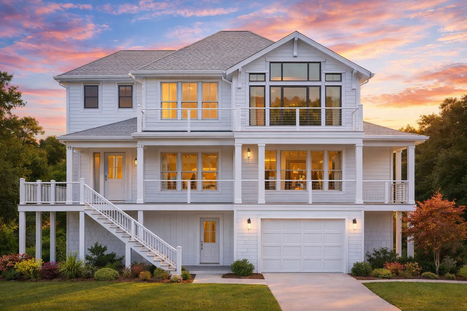Front exterior of a Coastal Low Country style home with elevated foundation, horizontal siding, wide porches, balcony railings, and classic coastal architecture