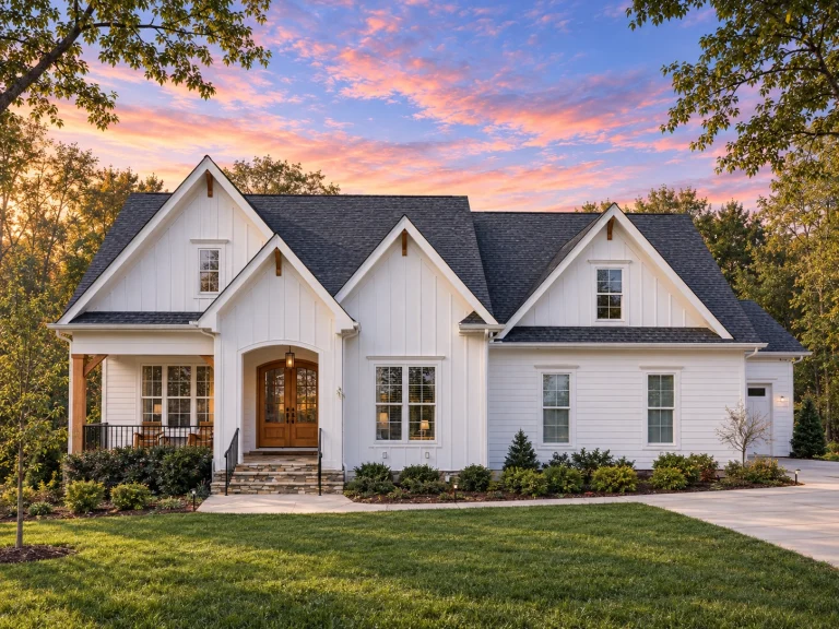 Front exterior of a New American cottage style home featuring blue lap siding, board and batten accents, gabled rooflines, and a welcoming covered porch