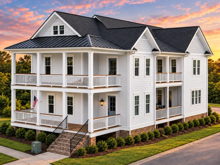 Garage Apartment Plans 15 Front and side view of a Low Country Coastal style home featuring wraparound porches, elevated foundation, light siding, and standing seam metal roof