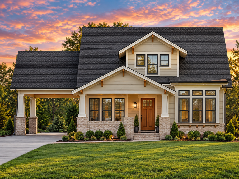 Front view of a Traditional Ranch style house featuring horizontal lap siding, stone wainscoting, gable rooflines, and clean suburban curb appeal