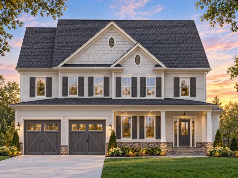 Front elevation of a New American modern traditional house with horizontal siding, stone accents, symmetrical windows, and an attached two-car garage