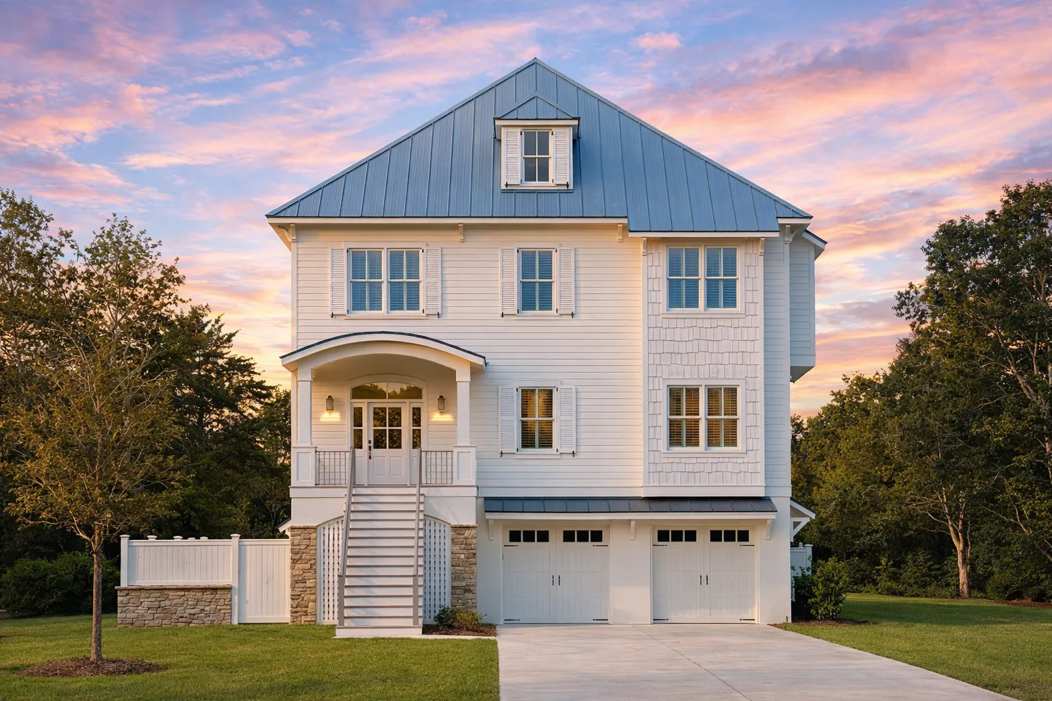 Front elevation of a Coastal Colonial style home featuring symmetrical architecture, lap siding, shingle accents, stone base, and raised entry with garage below