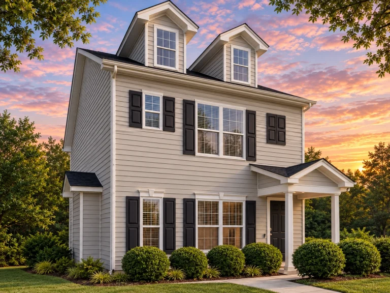 Garage Workshop Plans 6 Front exterior of a Colonial Revival style two-story home with white horizontal siding, black shutters, dormer windows, and covered entry porch