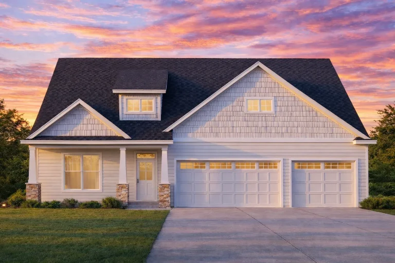 Front view of Modern Farmhouse style home with white horizontal siding, black roof, and brick porch columns highlighting a three-car garage design.