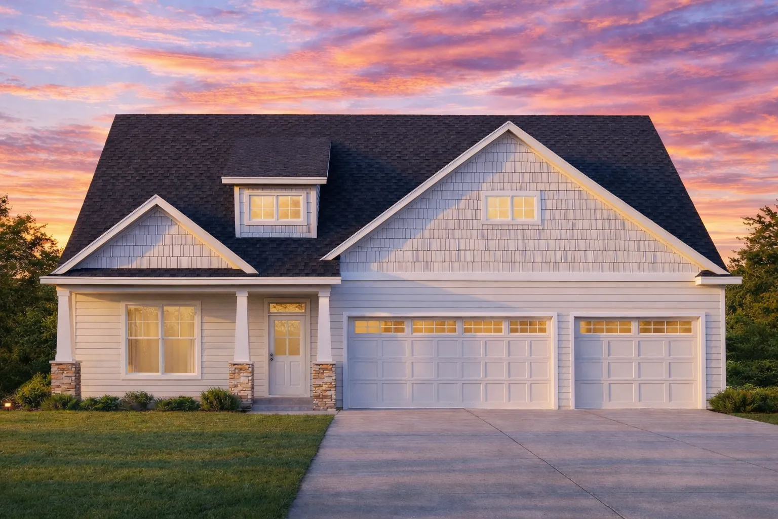 Barn Style House Plans 9 Front view of Modern Farmhouse style home with white horizontal siding, black roof, and brick porch columns highlighting a three-car garage design.
