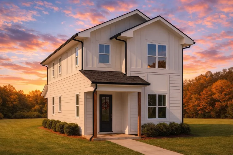 Front exterior of a Modern Farmhouse style two-story home with white board and batten siding, black windows, and a covered entry porch