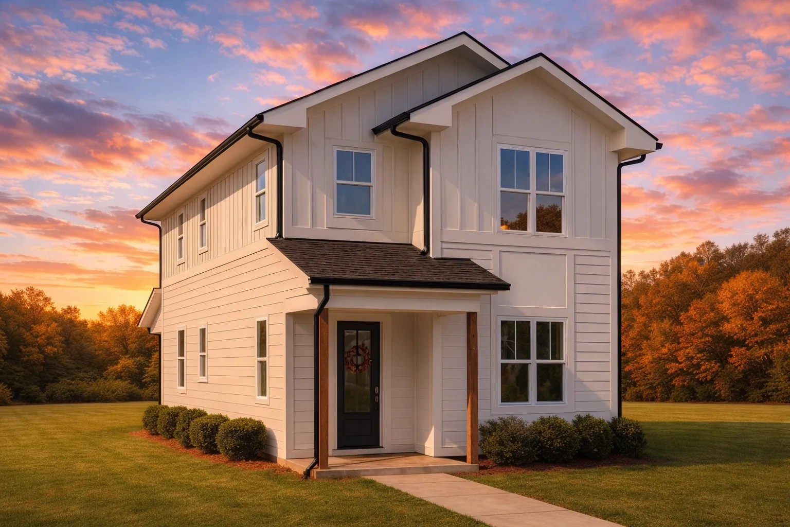 House Plans 7 Front exterior of a Modern Farmhouse style two-story home with white board and batten siding, black windows, and a covered entry porch