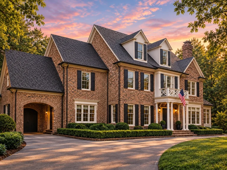 Front elevation of Colonial Revival brick home with symmetrical façade, dormer windows, shutters, and traditional entry porch