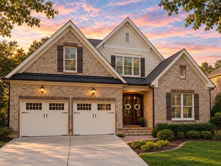 Elegant New American Brick Home Exterior with Classic Gables