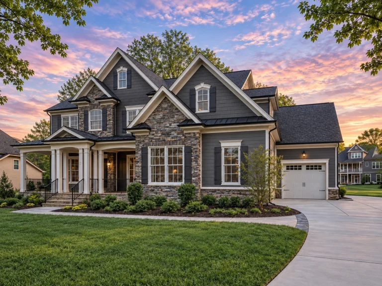 Courtyard House Plans 19 Front exterior view of a Traditional New American style home featuring brick and stone masonry, multi-gabled rooflines, covered porch, and side-entry garage