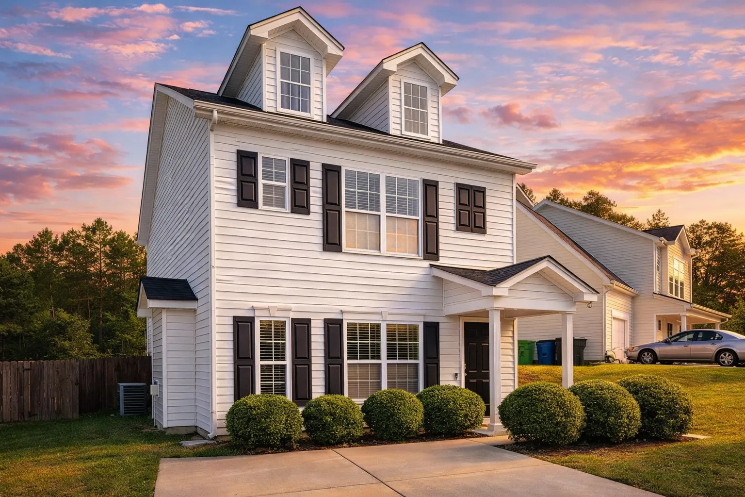 Front exterior of a Colonial Revival style two-story home with white horizontal siding, black shutters, dormer windows, and covered entry porch