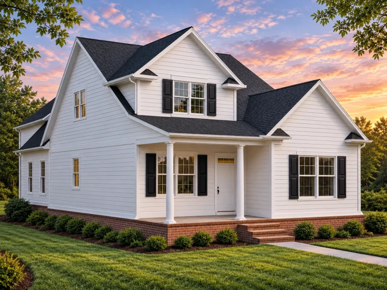 House Plans with Outdoor Kitchen 17 Front elevation of modern farmhouse style home with white horizontal lap siding, black shutters, gabled rooflines, and covered front porch