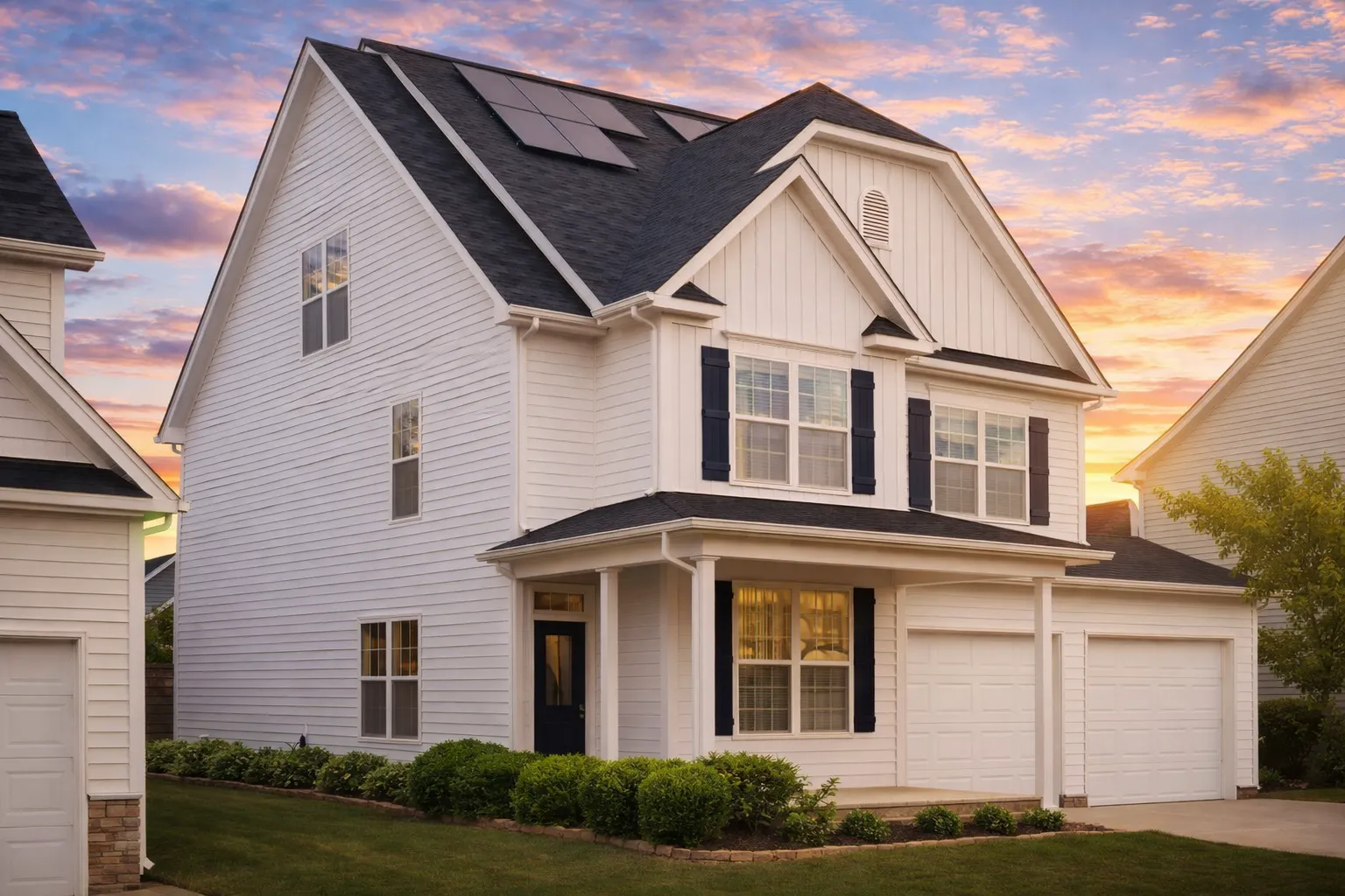 RV Garage Plans 3 Front elevation of a Traditional Colonial home featuring beige horizontal siding, black shutters, gable rooflines, and partial stone base detailing.