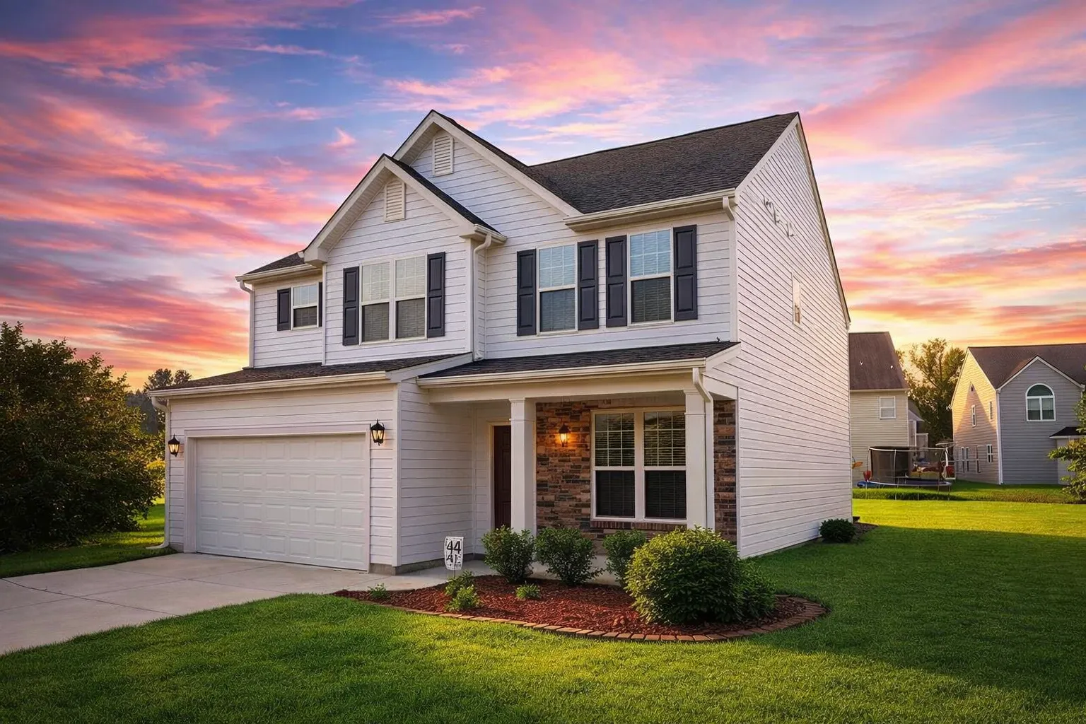 RV Garage Plans 1 Front elevation of a Traditional Colonial style home featuring a blend of stone and horizontal siding, black shutters, and symmetrical windows